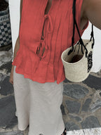 Cotton And Linen Straps Pleated Tank Tops