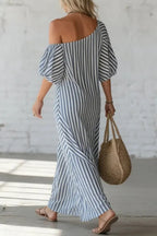 Fashionable Striped Print Slash Neck Puff Sleeve Casual Maxi Dress