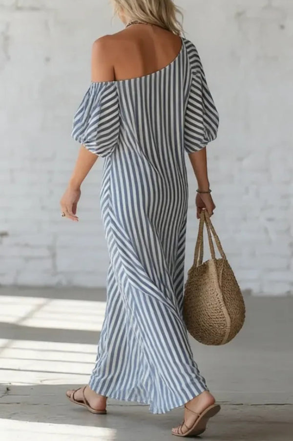 Fashionable Striped Print Slash Neck Puff Sleeve Casual Maxi Dress