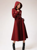 Double-breasted Woolen Coat With Hood Burgundy Belted Winter Long Outerwear For Women 2026