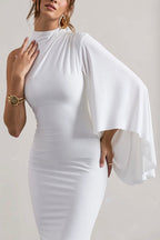 Mock Neck One Shoulder Ruffle Sleeve Mermaid Hem Maxi Gown