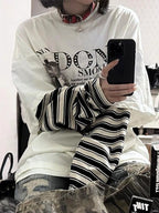 Fake Two Piece Stripe Oversized Long Sleeves Tee