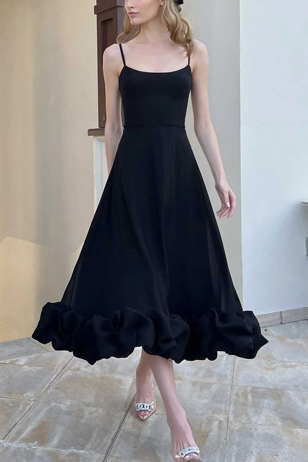 Spaghetti Strap Scoop Neck Ruffled Flounce Hem A-Line Maxi Dress