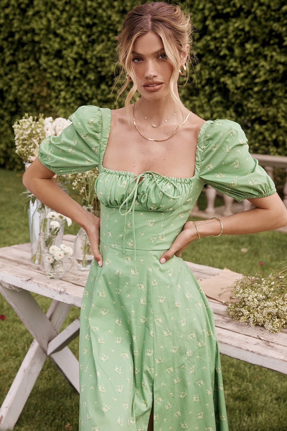 Floral Square Neck Puff Sleeve Ruched Tie Bust High Split Midi Dress