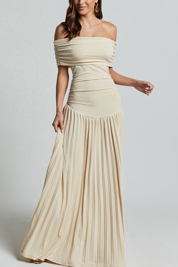 Off Shoulder Dropped Waist Accordion Pleated Maxi Dress
