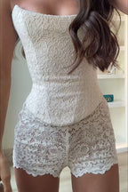 Sprinkle of Romance Floral Lace Off The Shoulder Corset Tank and Mid Rise Stretch Shorts Set