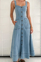 Denim Square Neck Button Front Patch Pocket A-Line Maxi Dress