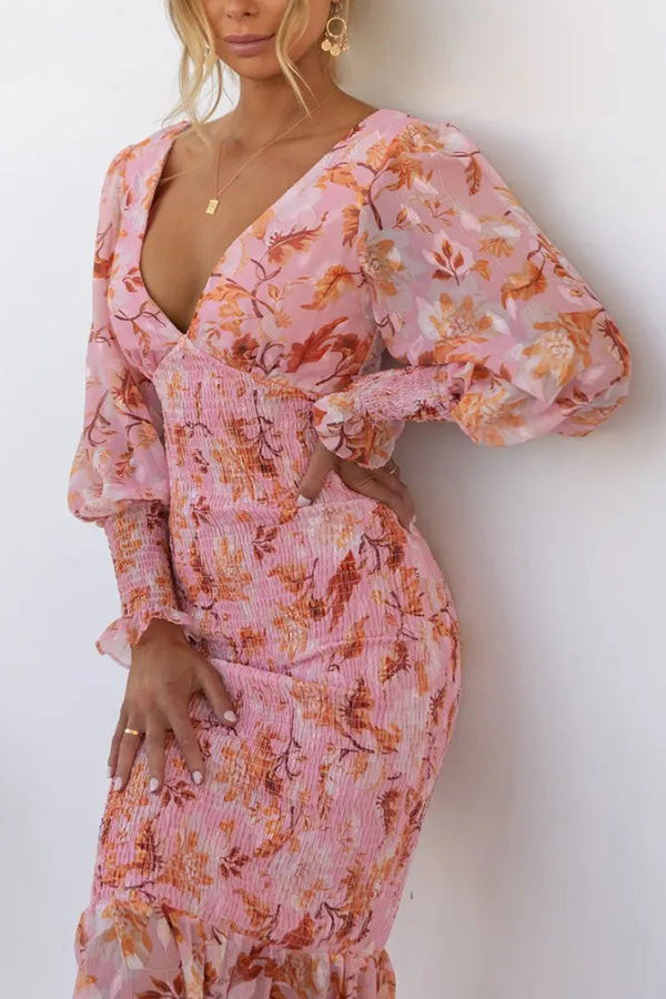 Deep V-Neck Smocked Floral Print Balloon Sleeve Ruffle Hem Mermaid Midi Dress