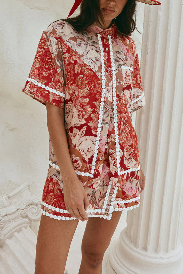 Floral Print Collared Short-sleeved Loose-fitting Shirt and Casual Floral Trim Mini Skirt Set