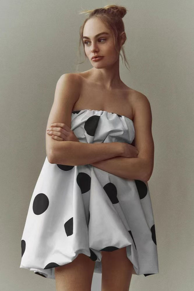 Polka Dot Strapless Bandeau Bubble Hem Fit and Flare Mini Dress