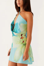 Abstract Print Satin Asymmetrical One Shoulder Draped Cowl Neck Mini Dress