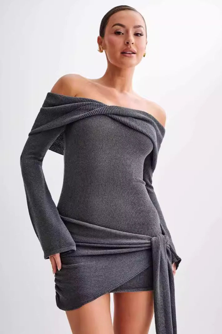 Off Shoulder Ribbed Knit Flared Sleeve Wrap Tie Mini Dress