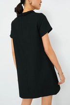 Tweed Braided Trim Crew Neck Button Welt Shift Mini Dress