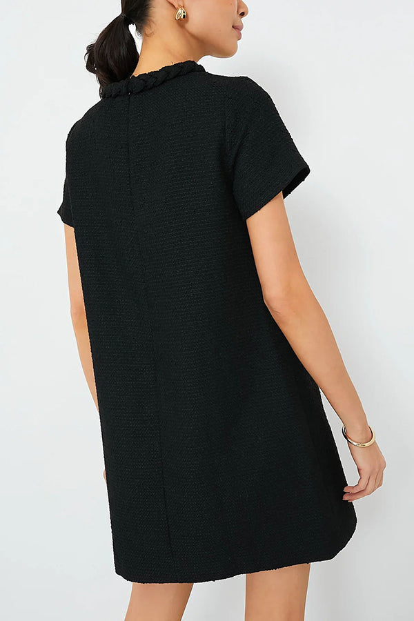 Tweed Braided Trim Crew Neck Button Welt Shift Mini Dress