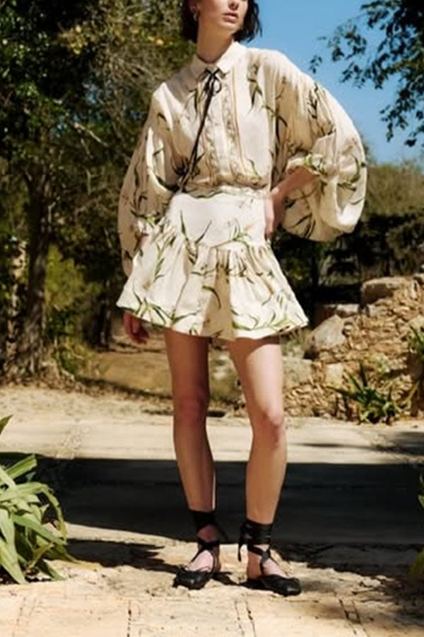 Botanical Print Puff-Sleeve Blouse & Ruffled Skirt Set