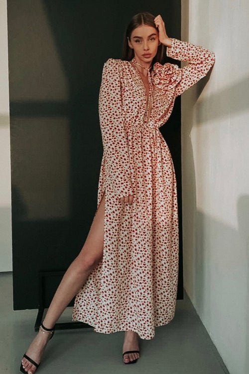 Deep V Neck Long Sleeve 3D Flower Applique High Slit Maxi Dress