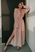 Deep V Neck Long Sleeve 3D Flower Applique High Slit Maxi Dress