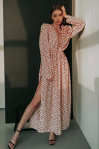 Deep V Neck Long Sleeve 3D Flower Applique High Slit Maxi Dress
