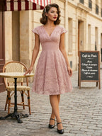 Vintage 1950s Midi Lace Dress for Women - V Neck Cap Sleeve A-line Cocktail Prom Gown - Wedding Guest Wear 2026