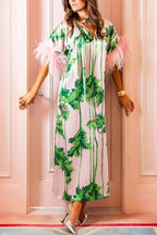 Darling Satin Botanical Print Tie-up Neck Half Sleeve Feather Trim Caftan Midi Dress