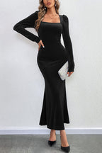 Velvet Square Neck Puff Shoulder Mermaid Hem Maxi Dress