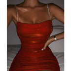 Rhinestone Spaghetti Strap Square Neck Ruched Glitter Bodycon Mini Dress