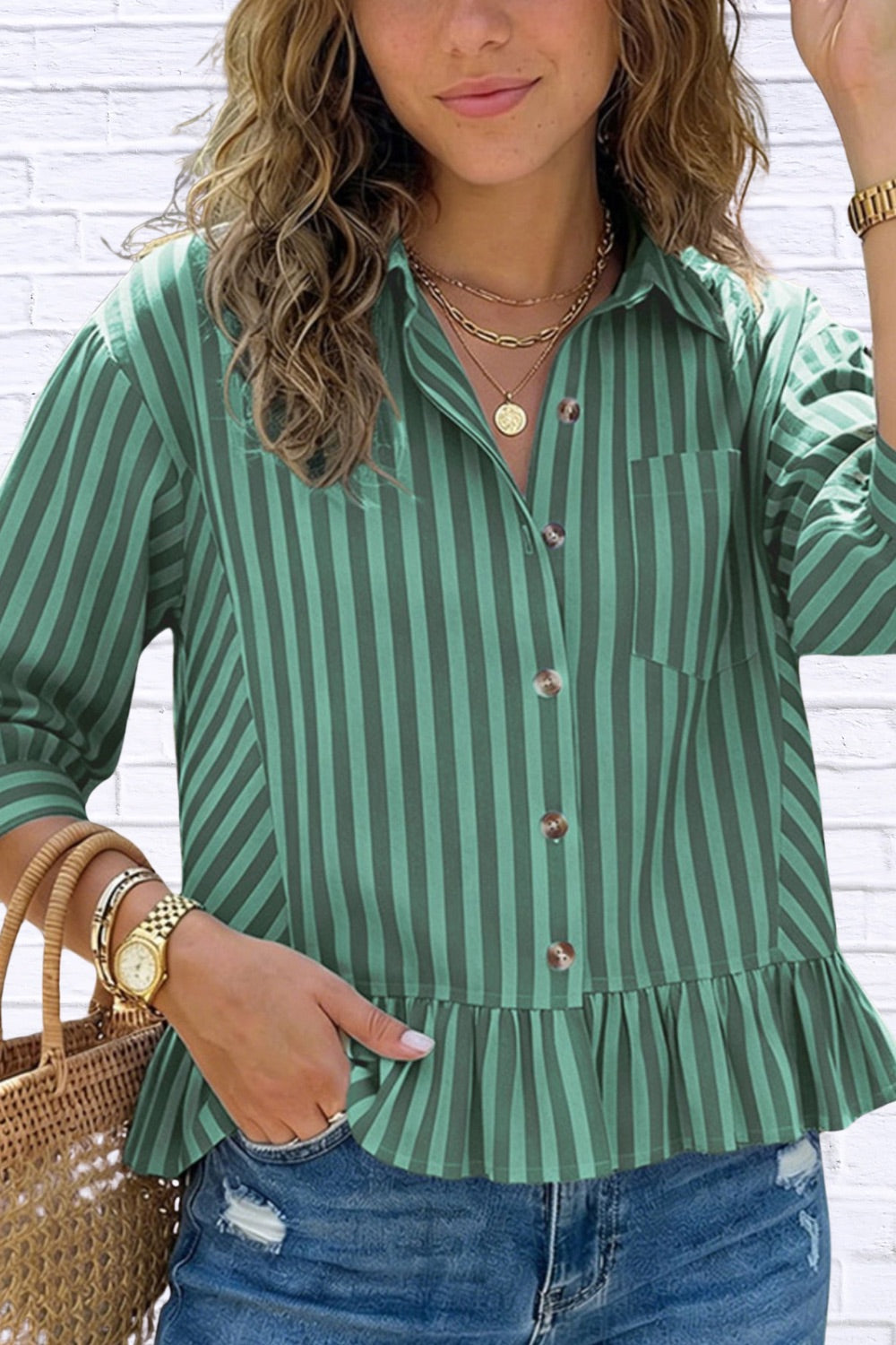 Striped Ruffle Hem Button-Down Shirt | Chic Women__ Top