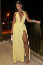 Halter Neck Plunging V-Neck Ruched Waist High Thigh Slit Maxi Dress