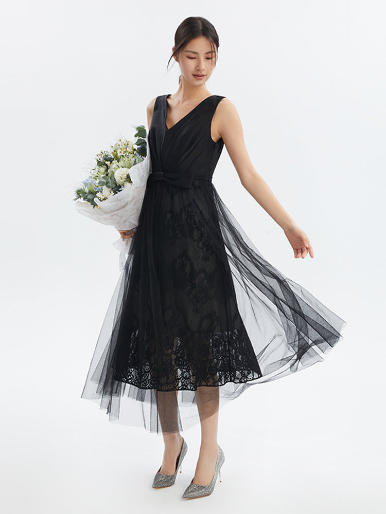 Deep V Neck Pleated Bodice Bow Waist Lace Mesh Overlay Midi Dress