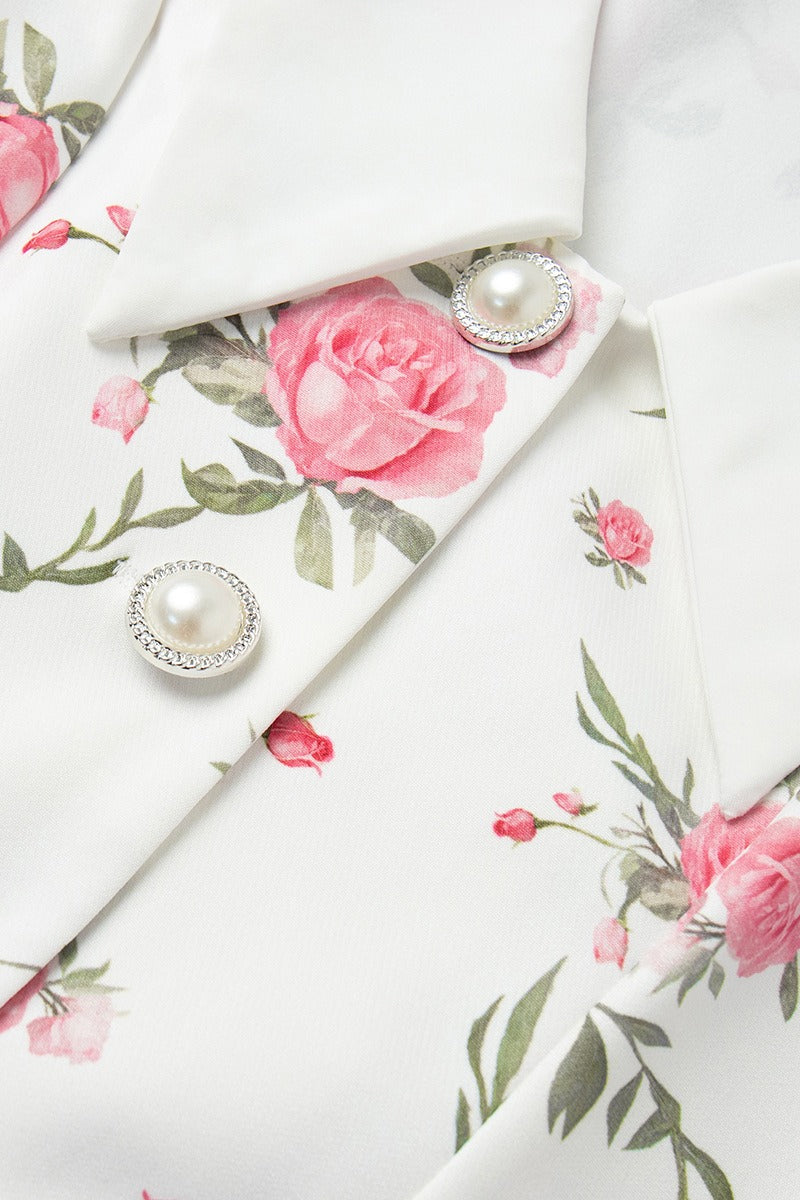 Oversized Collar Puff Sleeve Pearl Button Ruffle Tier Hem Floral Print Mini Dress