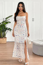 Floral Ruched Square Neck Spaghetti Strap High Split Bodycon Maxi Dress