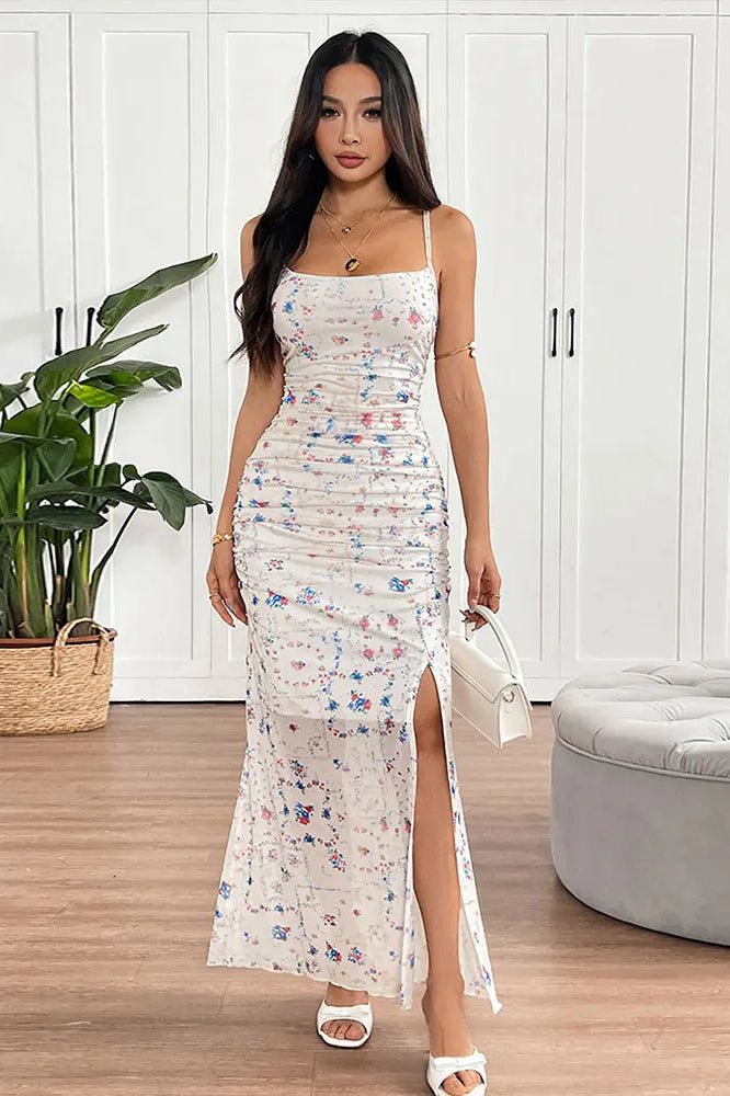 Floral Ruched Square Neck Spaghetti Strap High Split Bodycon Maxi Dress