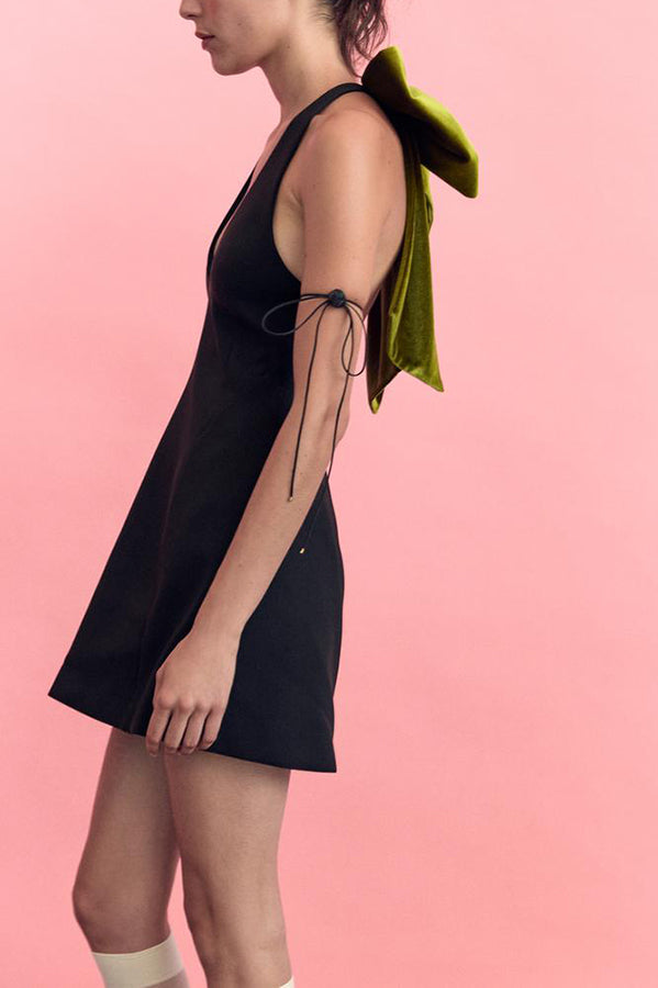 Oversized Velvet Bow Shoulder Open Back Sleeveless Mini Dress