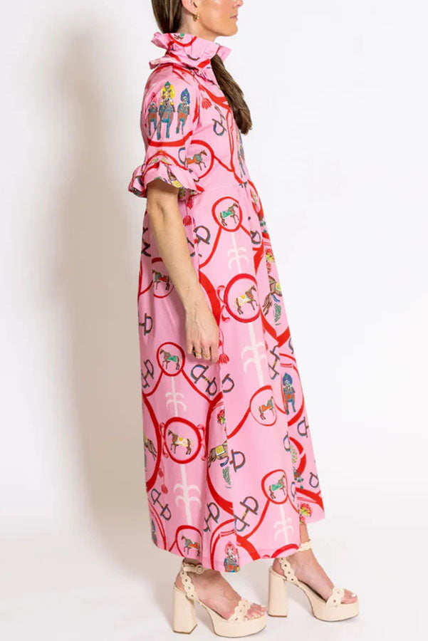 Churchill Social Playful Warhorse Print Stand Neck Ruffle Sleeve Belted Pocket Caftan Midi Dress