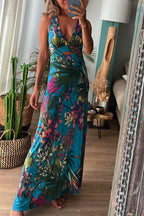 Tropical Print Cross Back Cut Out Backless Halter Maxi Dress