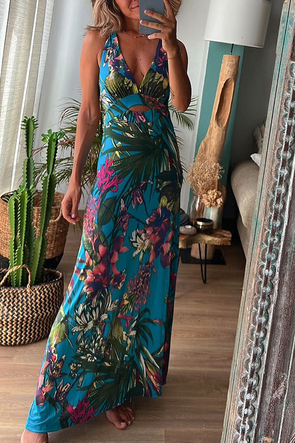 Tropical Print Cross Back Cut Out Backless Halter Maxi Dress