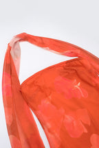 Orange Strapless Mermaid Ruched Abstract Floral Print Maxi Dress