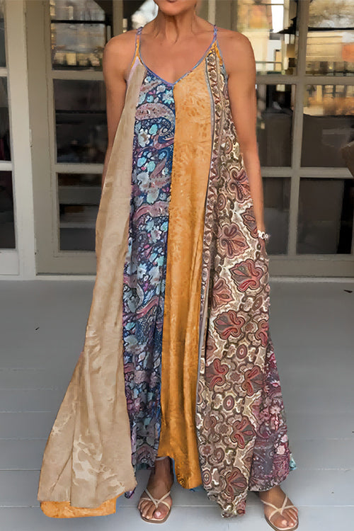 V Neck Color Block Printed Swing Maxi Cami Vacation Dress