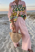 Long Sleeves Button Up Shirt Wide Leg Pants Printed Holiday Set