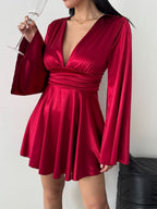 V-neck Long Sleeve Flared Sleeves Mini&Short Dresses