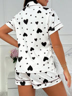 Heart-print Cardigan With Collar And Button-down Short Sleeves And Shorts, Two-piece Loungewear Set