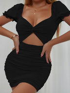 Hollow-out Pleated Puff Sleeve Bodycon Mini Dress
