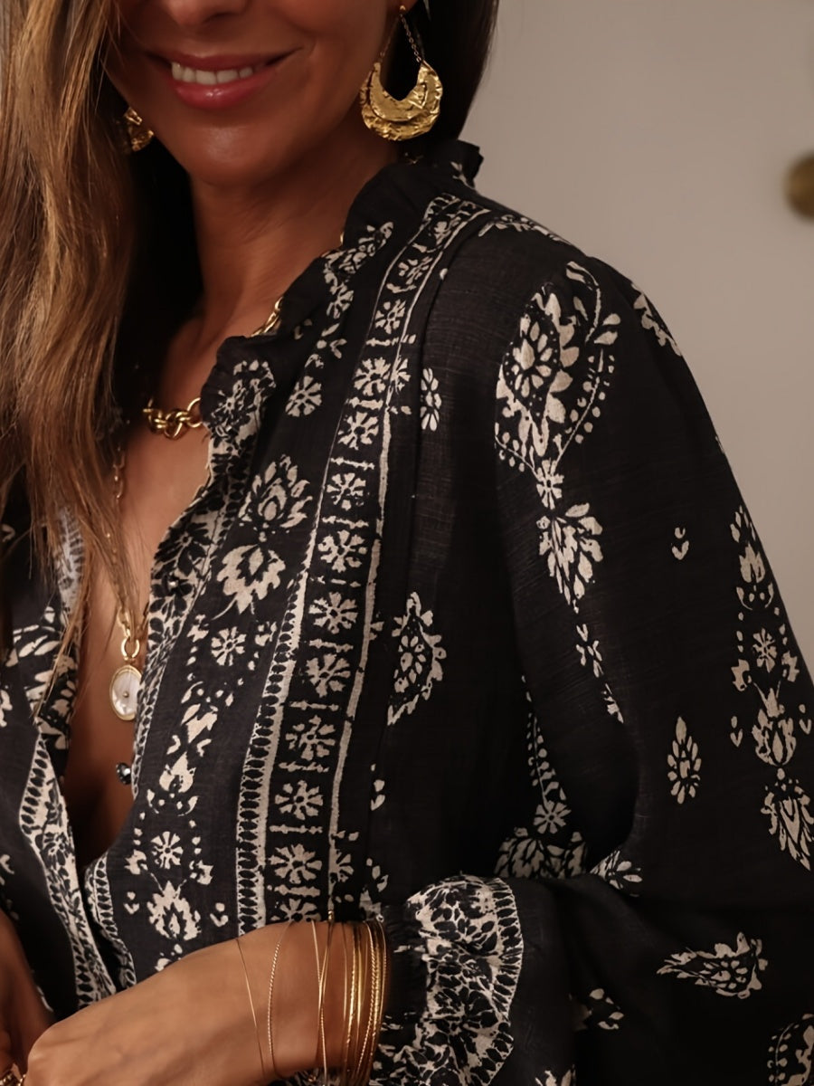 Geometric Print V-neck Long-sleeved Shirt