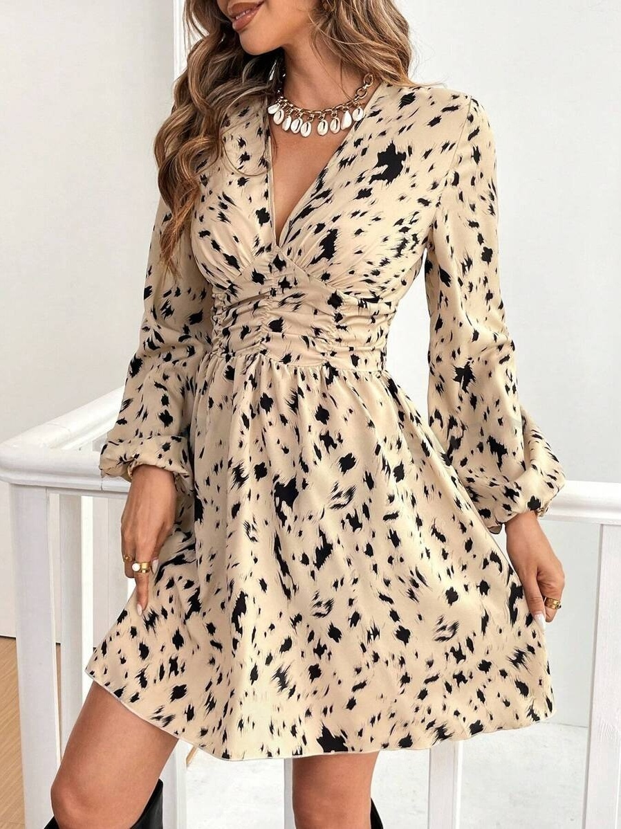 Ruffle Geometric Print Long Sleeve Mini&Short Dresses