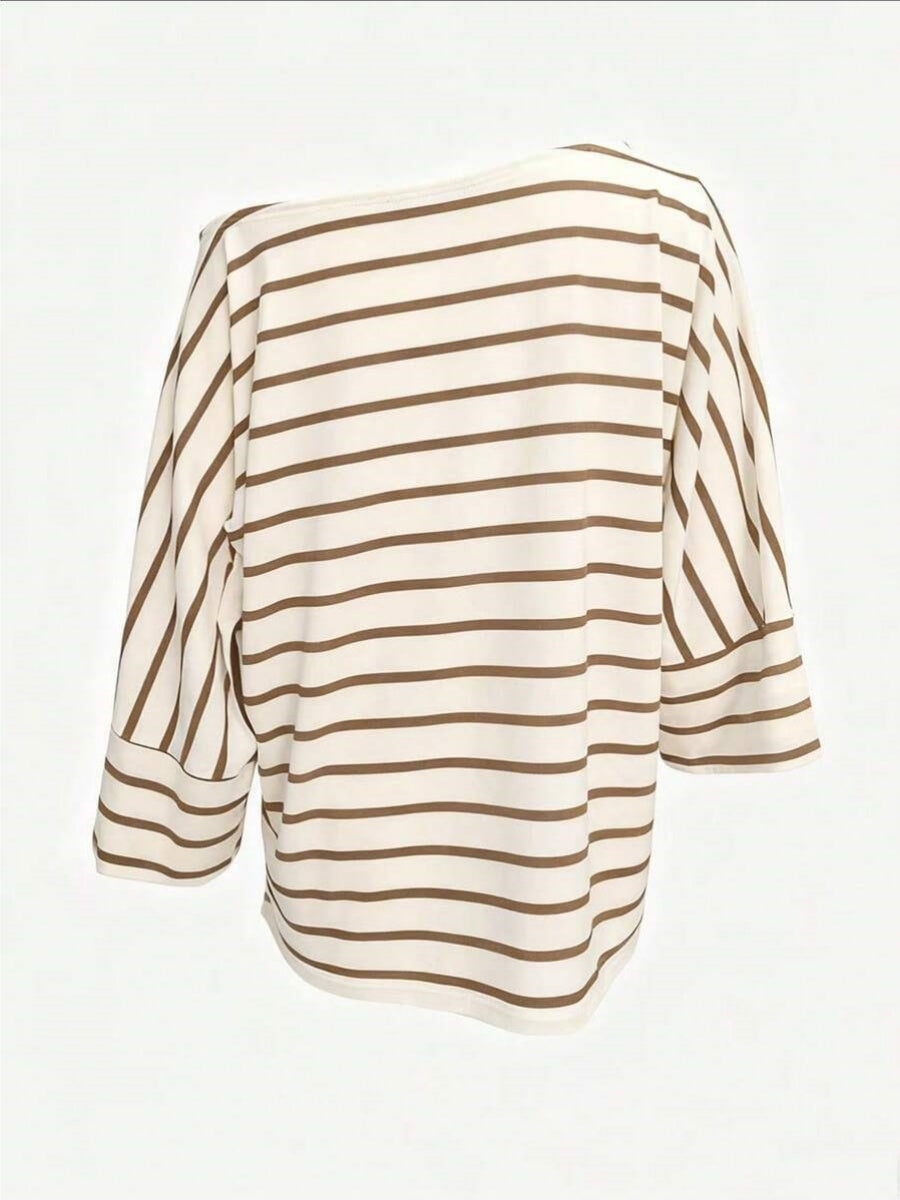 Off-shoulder Sloping Shoulders Loose-fit Stripes Commuting T-shirts