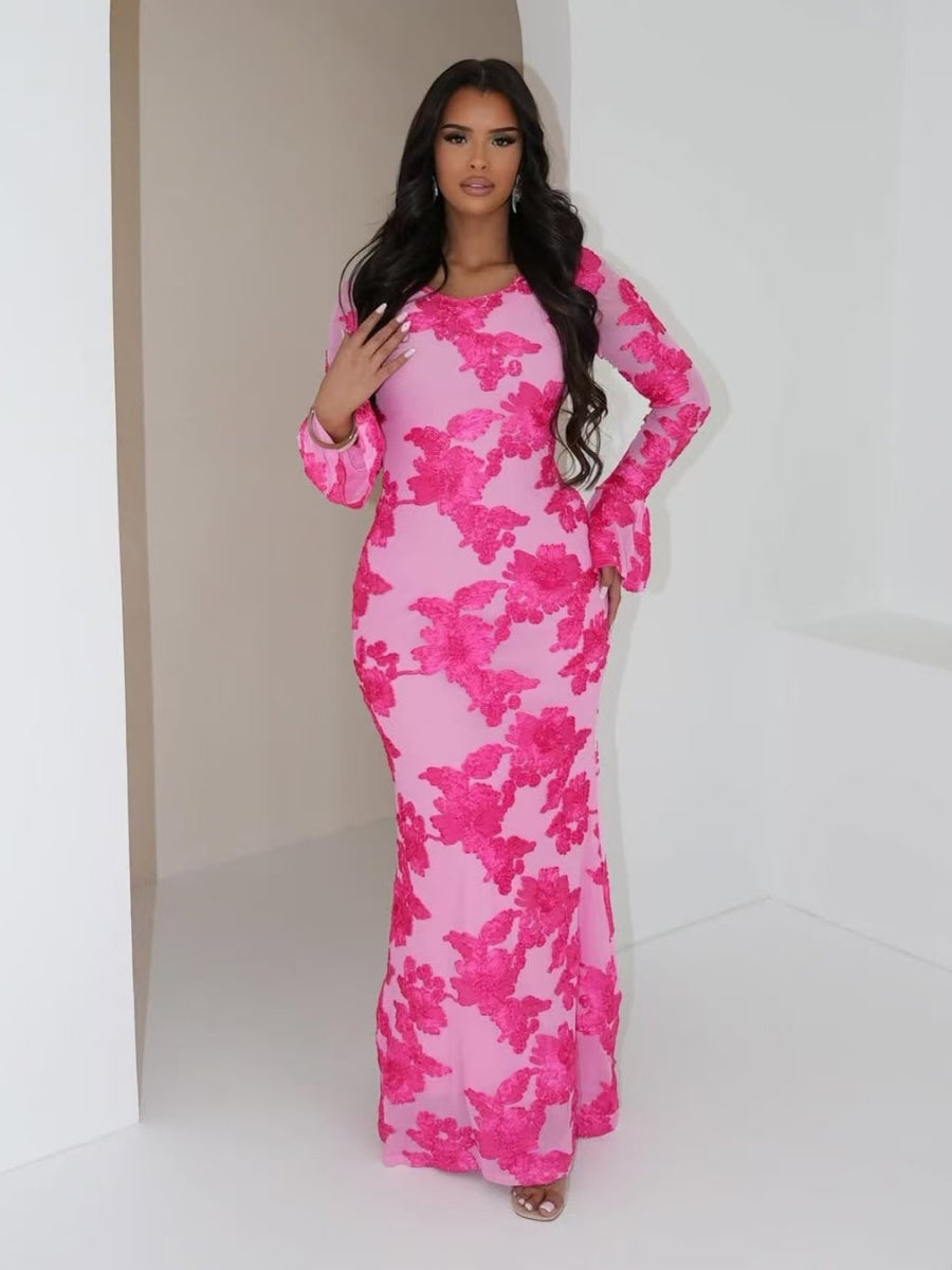 3D Floral Print, Backless, Bell-sleeved, Bodycon Long Dress