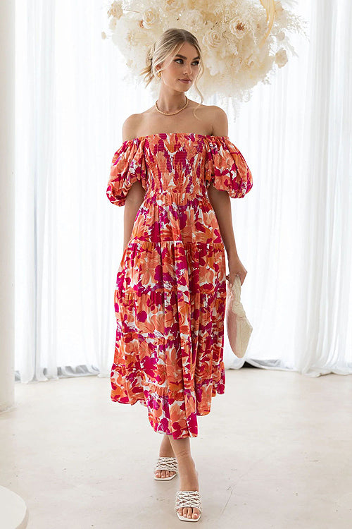 Off Shoulder Smocked Tiered Abstract Circle Print Maxi Dress