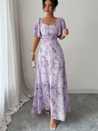 Floral Lotus Leaf Sleeves Sweetheart Collar Vacation And Leisure Maxi Dresses