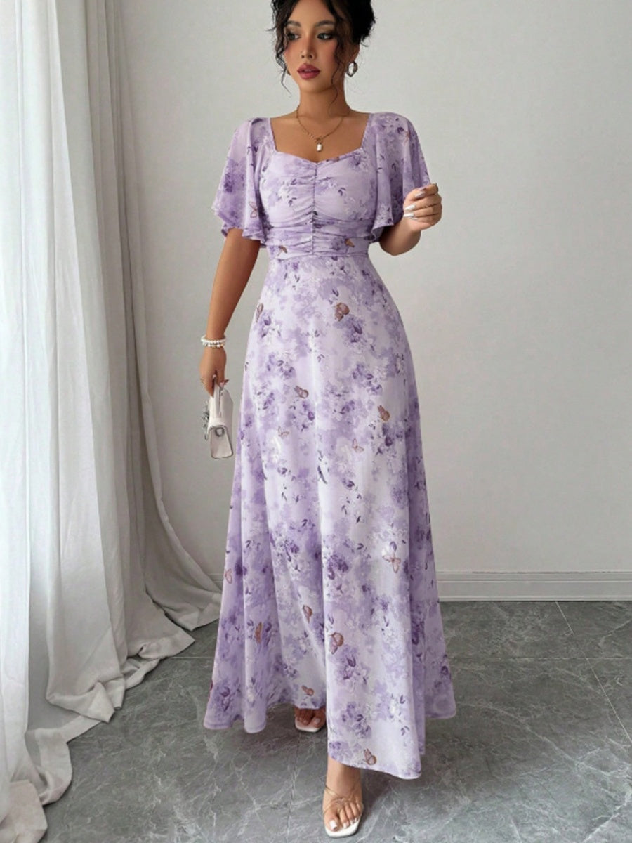 Floral Lotus Leaf Sleeves Sweetheart Collar Vacation And Leisure Maxi Dresses