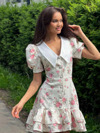 Waist Printed Floral Lapel Puff Sleeve Sweet Mini&Short Dresses
